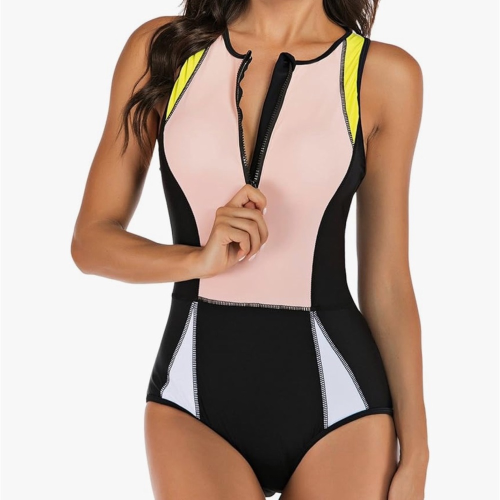 rash guard style one piece swimsuit half zipper closure color block - Picture 2 of 9